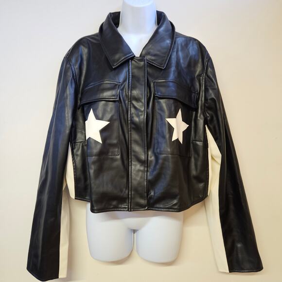 Forever 21+ Black and White Faux Leather Jacket Size 3X NWT Stars Casual Goth - Picture 1 of 12